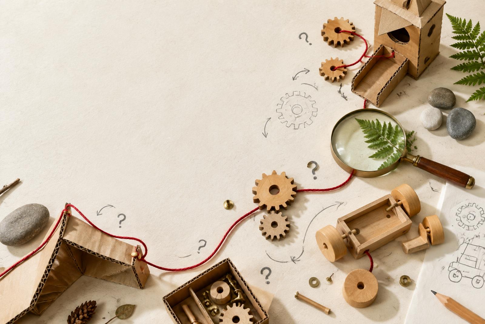 A tabletop filled with cardboard inventions, wooden gears, string, stones and curious sketches